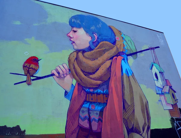 カナダのモントリオールケベック州8月22 2015 ストリートアートの女性と鳥モントリオールは ストリートアートを探している裏通りや放棄されたエリアを歩くのに最適な場所です — ストック写真