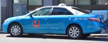  VICTORIA BC CANADA JUNE 22 2015: BlueBird growth from fivei cabs n 1946, to twenty  taxicabs in 1948, over fifty in the 