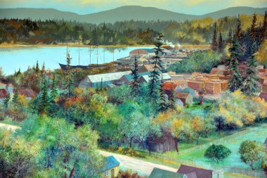 Chemainus Bc Canada 23 Haziran 2015: Duvar, Britanya Kolumbiyası 'nın Vancouver Adası' nın doğu kıyısında yer alan bir şehirdir. Chemanus şimdi 39 açık hava duvar resmiyle ünlü..