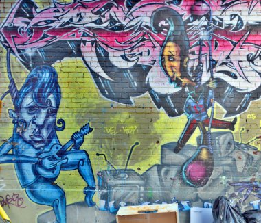 Montreal Canada Dec 02: Montreal sokak sanatları caz grubu 2 Aralık 2014 tarihinde Montreal Kanada 'da. Montreal. Arka sokaklarda ve terk edilmiş alanlarda sokak sanatına bakarak yürümek için mükemmel bir yer..