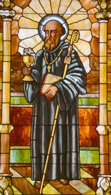 CHARLOTTE NC 06 24 2016: Stained glass window of St. Peter is the oldest Roman Catholic Church in Charlotte. It was established in 1851. Until 1940 it was the only Catholic church in the city. 