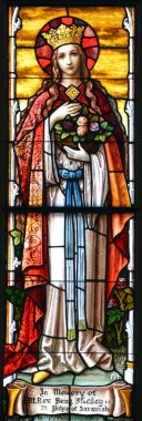 SAVANNAH GEORGIA JUNE 28 2016: Stained glass window at The Cathedral of St. John the Baptist is a Roman Catholic cathedral. It is the Mother Church of the Roman Catholic Diocese of Savannah.