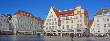 TALLINN ESTONIA 09 25 2015: Beautiful colorful buildings of Town Hall Square. Old Town is listed in the UNESCO World Heritage List