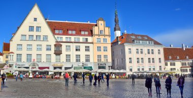 TALLINN ESTONIA 09 25 2015: Beautiful colorful buildings of Town Hall Square. Old Town is listed in the UNESCO World Heritage List