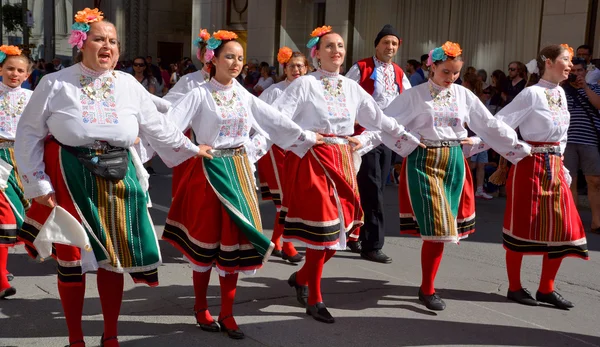 MONTREAL QUBEC CANADA 08 01 2015: Bulgarian folk dancer are intimately related to the music of Bulgaria feature of Balkan folk music is the asymmetrical meter, combinations of 'quick' and 'slow' beats
