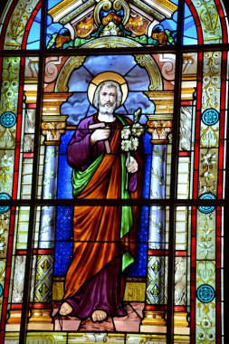 Saint Jean Port Joli Quebec Kanada 30 Ağustos 2014: Kanada 'nın Quebec bölgesindeki L' Islet Bölgesel Bölgesel Bölgesi Saint-Jean-Port-Joli köyünün lekesiz cam penceresi.