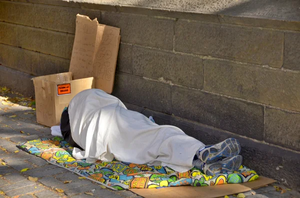 2013年10月28日 米国ニューヨーク州マンハッタンの中央公園の壁の横で寝ているホームレスの男性 ニューヨーク市の避難所のホームレスの総数は52 351人である — ストック写真