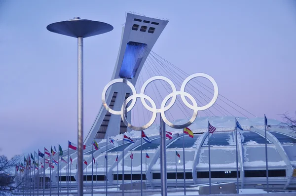 Montreal, Kanada - 3 Ocak 2013 Montreal Olimpiyat Stadyumu ve kulesi. Dünyanın en yüksek eğimli kulesi. Olimpiyat turu 175 metre uzunluğunda ve 45 derecelik açıyla yapılıyor.