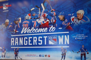 NEW YORK CITY, NY - OCT 23: Madison Square Garden indoor arena entrance Rangers sign that sits above Penn Station. It is home to the NY Knicks (NBA), NY Rangers (NHL) , Otc. 23, 2013 in NYC