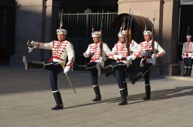 SOFYA 25 Eylül 2013: 25 Eylül 2013 tarihinde Sofya 'da Bulgar cumhuriyetinin başkanlığı önünde Onur Muhafızları. Ulusal Muhafız Birimi, ordu selam töreni için askeri birlikleri de içeriyor..