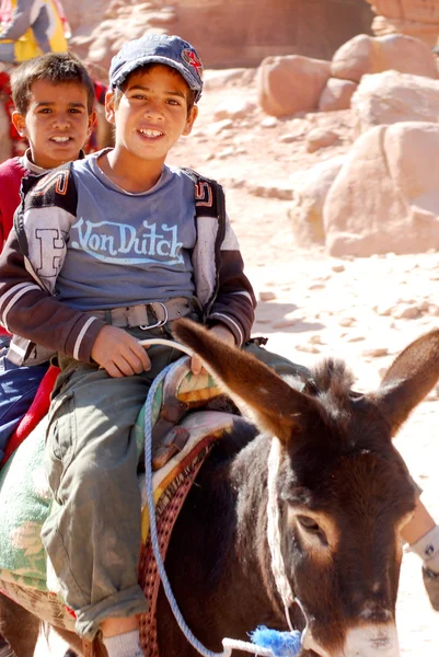 페트라 확인되지 아이들은 2009 요르단 페트라 당나귀를 관광객을 찾는다 교통비는 — 스톡 사진