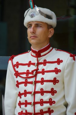 SOFYA 25 Eylül 2013: 25 Eylül 2013 tarihinde Sofya 'da Bulgar cumhuriyetinin başkanlığı önünde Onur Muhafızları. Ulusal Muhafız Birimi, ordu selam töreni için askeri birlikleri de içeriyor.