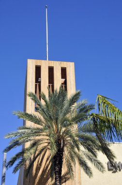 Gökyüzü arka planında eski bina ve palmiye ağaçları