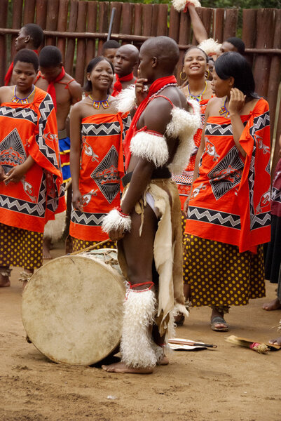 MANZINI, SWAZILAND - NOVEMBER 25 : unidentified young men wears traditional clothing and dance, during presentation of a Swazi show on November 25, 2010 Manzini, Swaziland