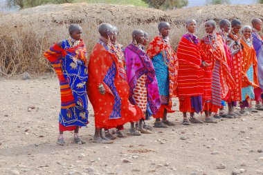 AMBOSELI, KENYA - OCT 13: Group of unidentified African women from Masai tribe prepare to show a traditional Jump dance on Oct 13, 2011 in Amboseli, Kenya. They are nomadic and live in small villages.