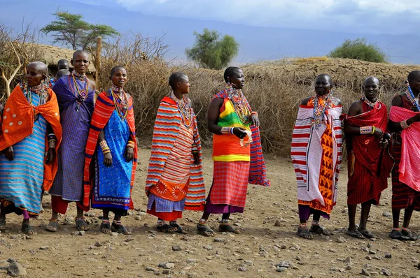 stock image AMBOSELI, KENYA - OCT 13: Group of unidentified African men from Masai tribe prepare to show a traditional Jump dance on Oct 13, 2011 in Masai Mara, Kenya. They are nomadic and live in small villages.