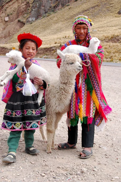 Puno Peru Nov Children Traditional Dresses Welcome Tourists Uros Island — Stok fotoğraf