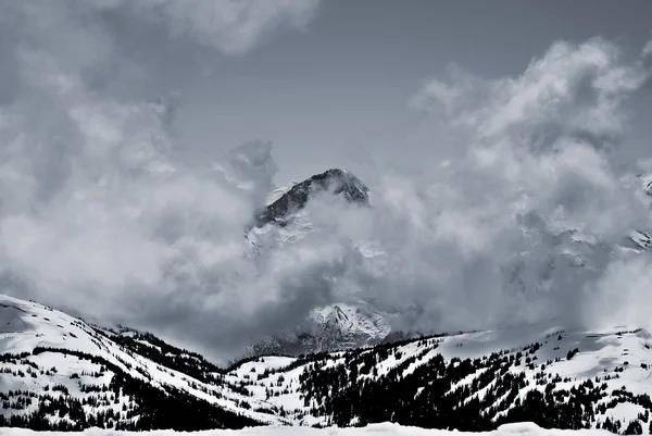Śnieżne Góry Tle Przed Nimi Jest Warstwa Chmur Pokrywająca Całą — Zdjęcie stockowe