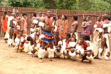 MANZINI, SWAZILAND - 25 Kasım 2010 Manzini, Svaziland 'daki bir Swazi gösterisinde kimliği belirsiz genç erkekler geleneksel giysiler giyer ve dans eder.