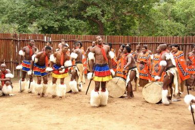 MANZINI, SWAZILAND - 25 Kasım 2010 Manzini, Svaziland 'daki bir Swazi gösterisinde kimliği belirsiz genç erkekler geleneksel giysiler giyer ve dans eder.