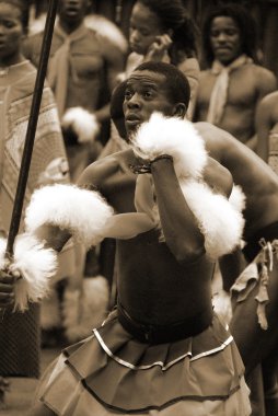 MANZINI, SWAZILAND - 25 Kasım 2010 Manzini, Svaziland 'daki bir Swazi gösterisinde kimliği belirsiz genç erkekler geleneksel giysiler giyer ve dans eder.