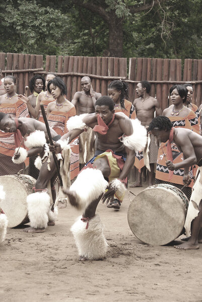 MANZINI, SWAZILAND - NOVEMBER 25 : unidentified young men wear traditional clothing and dance, during presentation of a Swazi show on November 25, 2010 Manzini, Swaziland