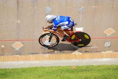 BROMONT-AUGUST 29:Unknown athlete member of the Canadian's team race on 2010 National Canadian Track Championships on August 29, 2010 in Bromont.On the velodrome used for the 96 Atlanta Olympic Games