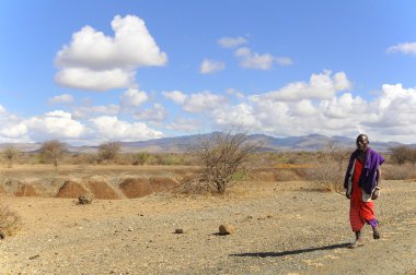 Ngorogoro Tanzanya, 17 Ekim: Masai savaşçısı 17 Ekim Ngorogoro, Tanzanya 'da yürüyor. Masailer Doğu Afrika 'da Hint Okyanusu' nun yanında Nilotik bir gruptur..