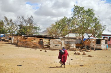ARUSHA, TANZANIA, OCT 20: 20 Ekimde, Arusha, Tanzanya 'da, canavarlarıyla savanada yürüyen tanımlanamayan genç Masai. Masailer Doğu Afrika 'da Hint Okyanusu' nun yanında Nilotik bir gruptur..