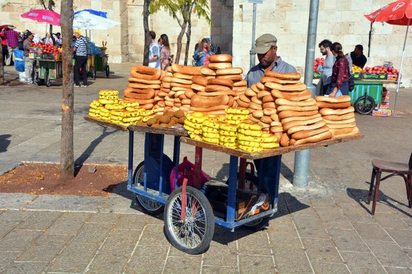 Jerusalem Israel 2016 Típico Carrito Pan Rosquilla Falafel Pasteles Para — Foto de Stock