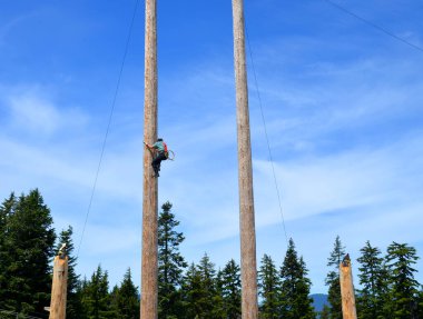 VANCOUVER BC CANADA - 27 Haziran 2015: Grouse Dağı Kereste Gösterisinde kütük tırmanışı, Grouse Dağı 'nın tepesinde yeteneklerini sergileyen şampiyon sanatçılardan oluşan bir ekibe ev sahipliği yapıyor..