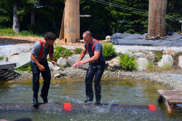 VANCOUVER BC CANADA - 27 Haziran 2015: Grouse Mountain Odunculuk tanıtımında seyir defterinde Grouse Dağı 'nın tepesinde yeteneklerini sergileyen şampiyon sanatçılardan oluşan bir ekip yer alıyor..