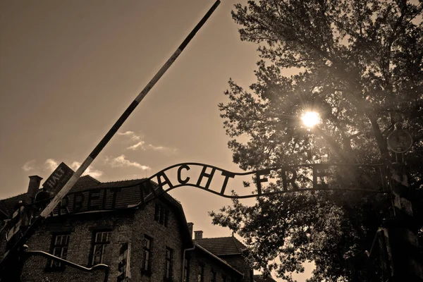 Auschwitz Birkenau Poland Campo Concentração Auschwitz Arbeit Macht Frei Sign — Fotografia de Stock