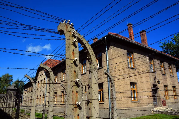 Auschwitz Birkenau Polónia Arames Farpados Elétricos Campo Concentração Extermínio Nazista — Fotografia de Stock