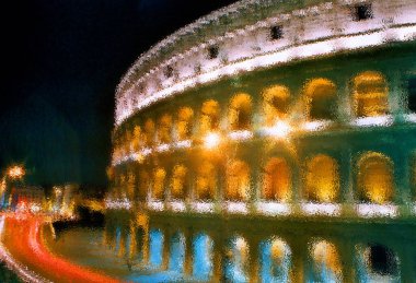 Psikedelik Roman kolezyumu arkaplanı. Parlak yüzey veya parlak cam üzerindeki renk desenli.