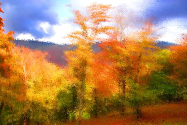Psychedelische Herbst Landschaft Hintergrund Mit Farben Muster Auf Glänzender Oberfläche — Stockfoto