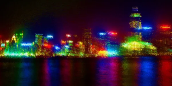 光沢のある表面や鮮やかなガラスの上に色パターンとサイケデリックな夜の街の風景の背景 — ストック写真