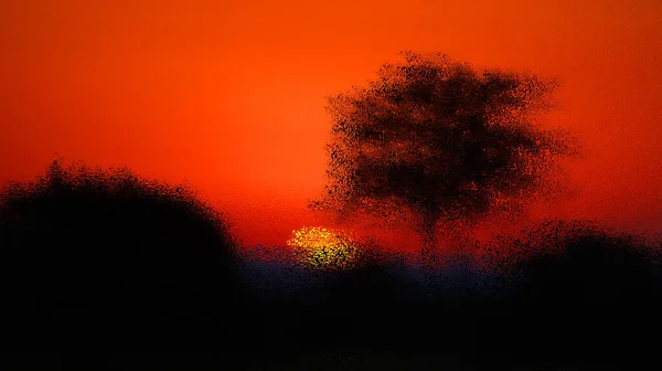 Психоделический Закат Фоне Ландшафта Саванны Цветовым Узором Блестящей Блестящей Поверхности — стоковое фото