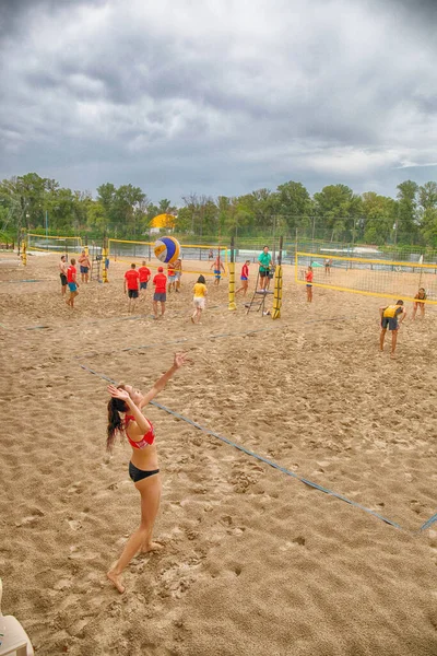 Güzel bir kız voleybol oynuyor. 