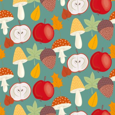 Mantarlı ve yapraklı sonbahar ormanlık deseni