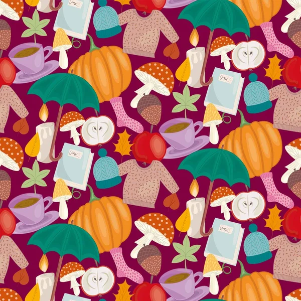 Hygge Herfst Gezellig Patroon Met Natuur Eten Kleding Motieven — Stockvector