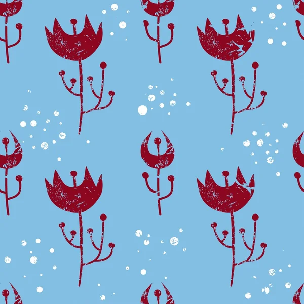 Abstrakte rote Blumen, blauer Hintergrund. nahtloses Muster — Stockvektor