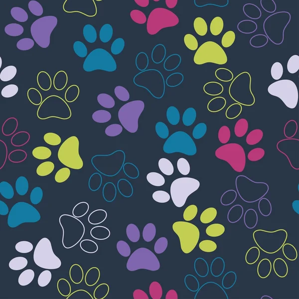 Patrón sin costura vectorial con huellas de gato o perro. Lindo colorfu — Vector de stock