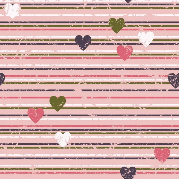 Grunge motif rayé horizontal avec des cœurs dans un style rétro — Image vectorielle