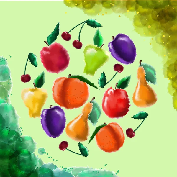 녹색 바탕에 수채화 과일 — 스톡 벡터