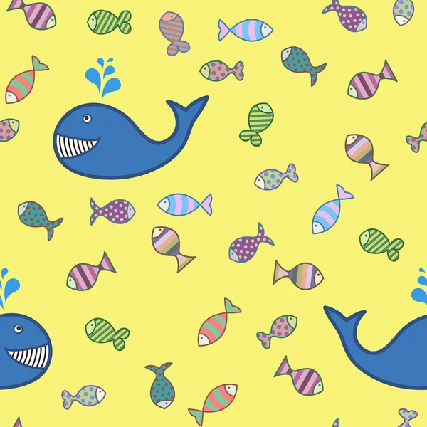 Peces pequeños y patrón de ballena sobre un fondo amarillo — Vector de stock