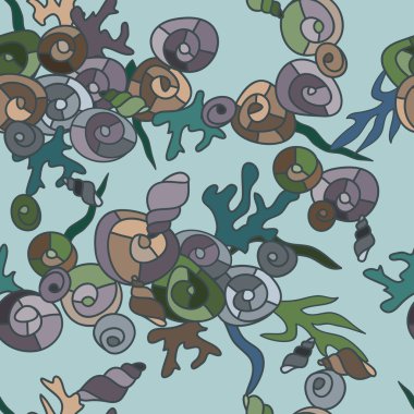 Mavi bir arka plan üzerinde rastgele kabukları