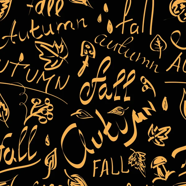 Inscriptions automne, tomber sur un fond noir. Patter sans couture — Image vectorielle