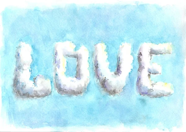 Abstrakte handgezeichnete Aquarellschrift "Liebe" aus den Wolken — Stockfoto