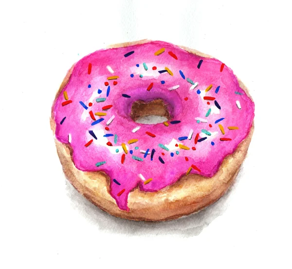 Dessert aquarelle. Donut aquarelle dans un glaçage rose avec des arômes de sucre arc-en-ciel. Aquarelle dessinée à la main sur fond blanc — Photo